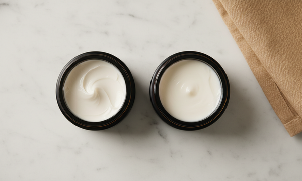 Twee open potjes haarstyling product op wit marmer: paste met textuur links en cream met gladde finish rechts