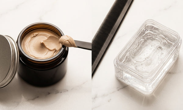 Pomade en gel naast elkaar op marmeren ondergrond