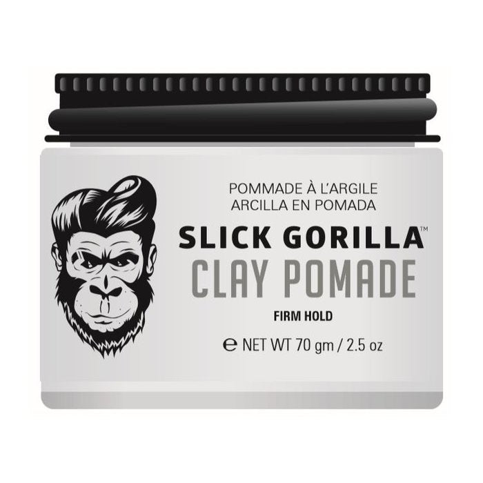 Slick Gorilla Clay Pomade, purkki ylhäältä päin, etiketissä apinalogo ja Firm Hold.