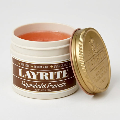 Layrite Superhold Pomade - avoin purkki ja sisältö