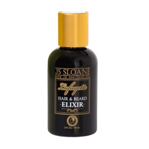 JS Sloane Hair & Beard Elixir, edestä musta pullo kultaisella korkilla