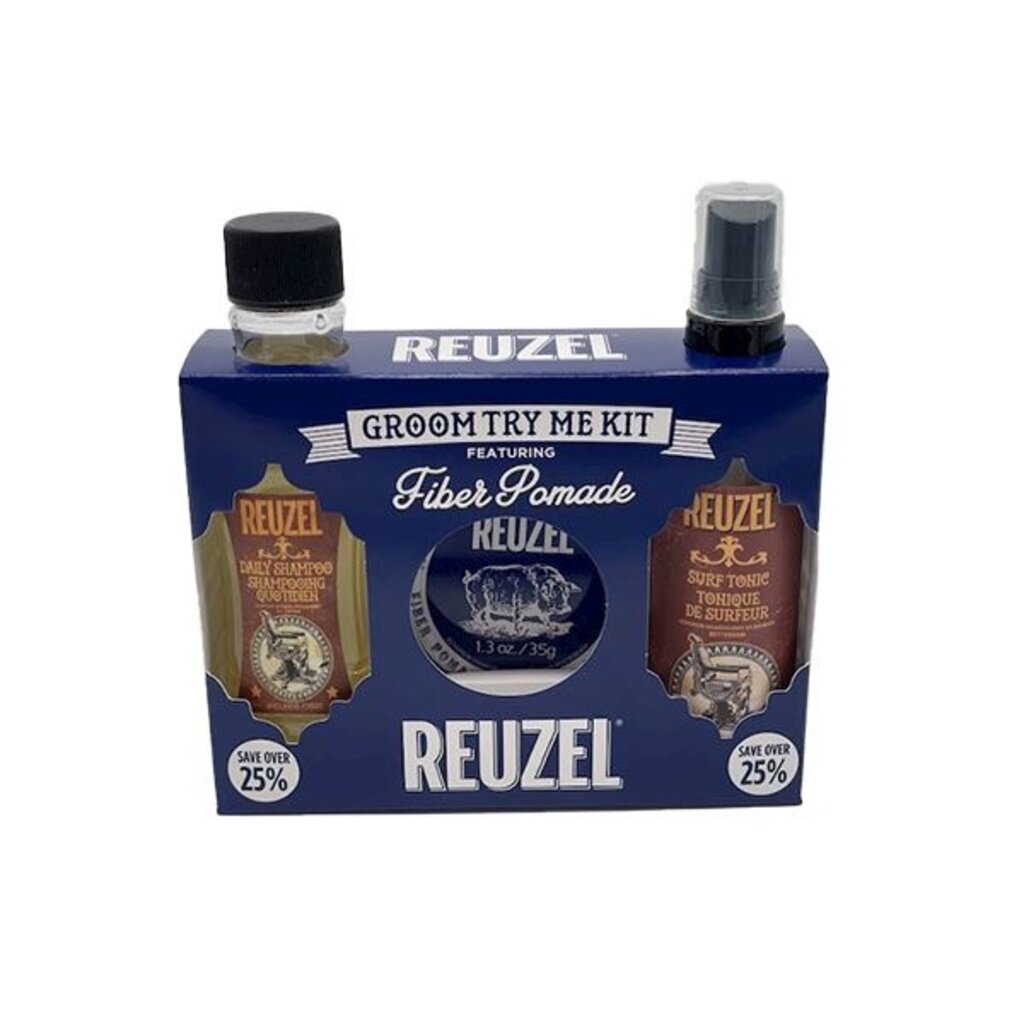 Reuzel Groom Try Me Kit Fiber, pakkauslaatikon etukuvakulma, jossa on shampoo, pomada ja tonic