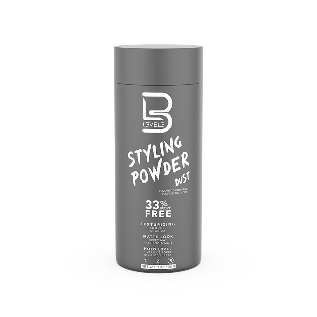 Level3 Styling Powder, harmaa sirotin edestä etiketillä, valkoinen studio