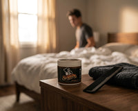 Suavecito Original Hold Pomade - pot op nachtkastje met kam, man op bed