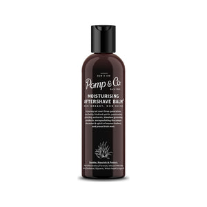 Pomp & Co. After Shave Balm, edestä kuvattu ruskea 100 ml pullo, jossa on etiketti