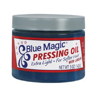 Blue Magic Pressing Oil Extra Light - tummansininen purkki punavalkoisella etiketillä
