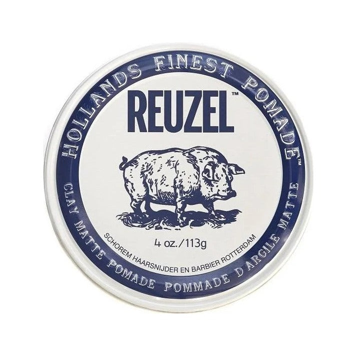 Reuzel Clay Matte Pomade - bovenaanzicht wit blik met blauwe rand van 113 gram