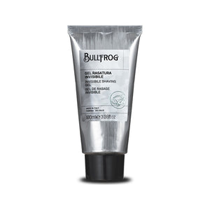Bullfrog Invisible Shaving Gel, edestä kuvattu hopeinen tuubi, jossa on etiketti