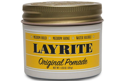 Layrite Original Pomade - vooraanzicht pot met geel etiket en gouden deksel