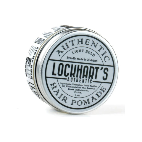 Lockhart's Light Hold Pomade - blik liggend met deksel-etiket en ingredientenlijst