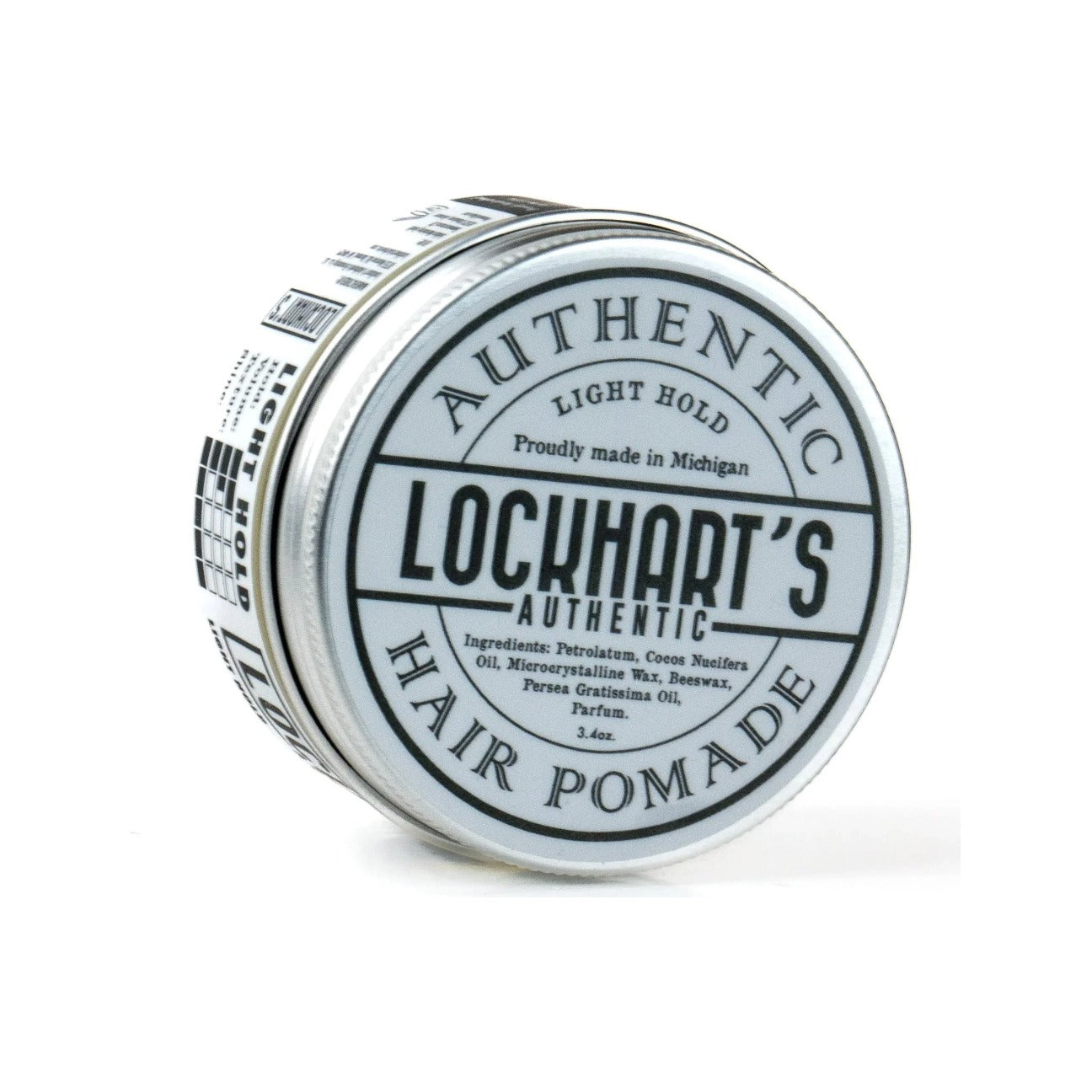 Lockhart's Light Hold Pomade - purkki kyljellään, kansietiketti ja ainesosaluettelo