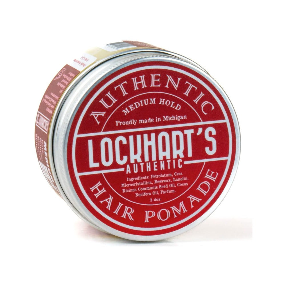 Lockhart's Medium Hold Pomade - hopeanvärinen purkki punaisella etiketillä, viisto kuva
