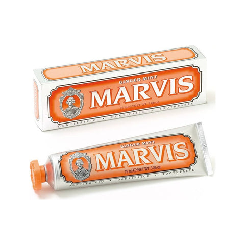 Marvis Ginger Mint - oranje tube naast doosje, vooraanzicht met etiket