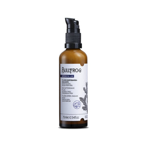 Bullfrog Mild Aftershave Fluid, edestä kuvattu meripihkanvärinen pumppupullo