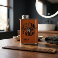 Oil Can Grooming Baardolie Iron Horse - blik in badkamer met ronde spiegel en kam