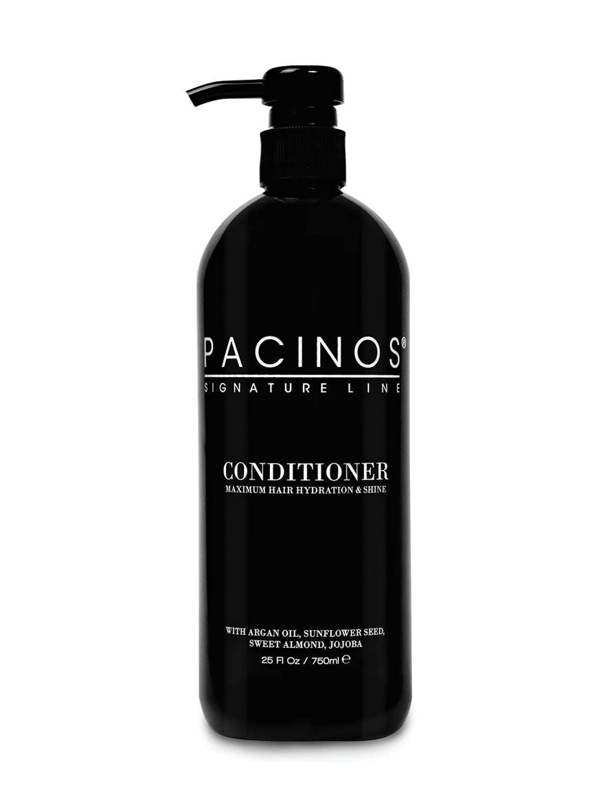 Pacinos Conditioner, musta pumppupullo 750 ml, edestäpäin etiketin kanssa.