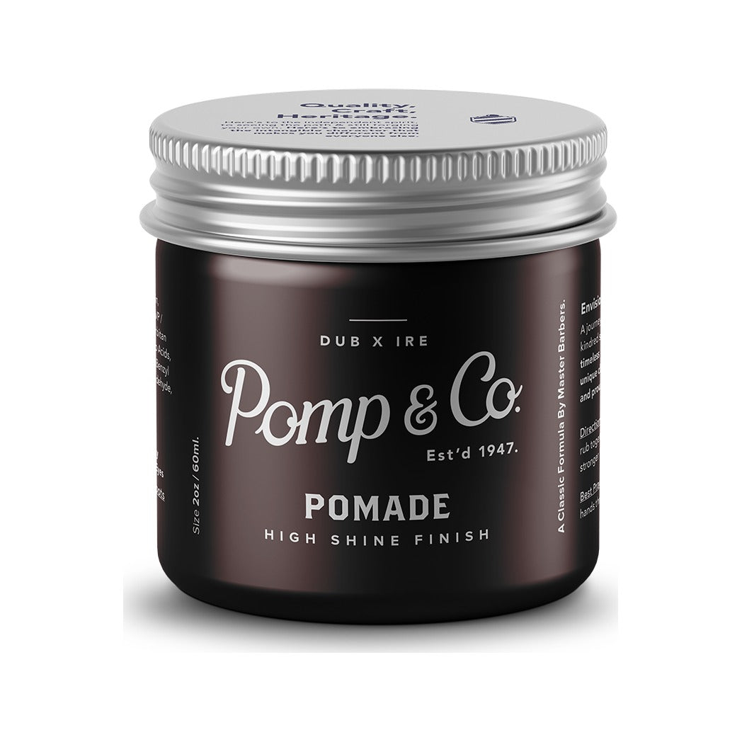 Pomp & Co. Pomade, edestä kuvattu suljettu purkki, jossa on hopeinen kansi