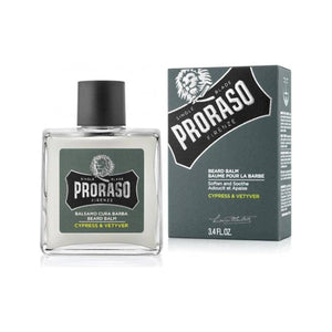 Proraso Partabalsami Cypress & Vetyver - lasipullo harmaan pakkauslaatikon vieressä