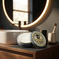 Reuzel Beard Balm - open blikje op badkamermeubel bij wastafel