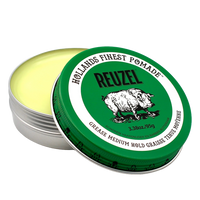 Reuzel Green Grease Medium Hold Pomade - open blik 95g met gele inhoud en losse deksel