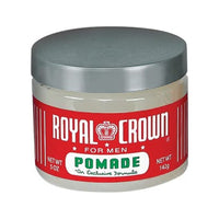 Royal Crown Pomade - läpinäkyvä purkki punaisella etiketillä ja hopeisella kannella