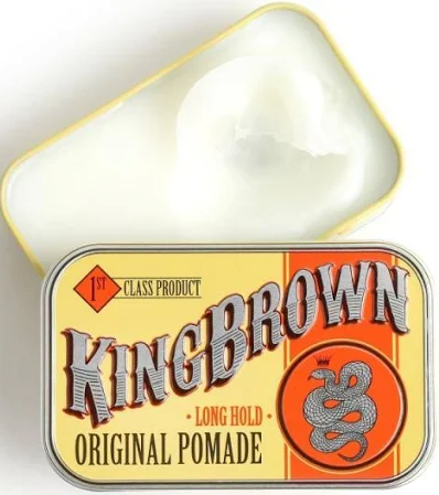 King Brown Original Pomade, avoin purkki, jossa näkyy valkoinen koostumus.