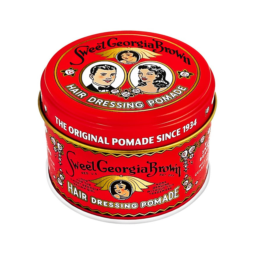 Sweet Georgia Brown Hair Pomade Red - punainen purkki vintage-painatuksella, viisto yläkuva