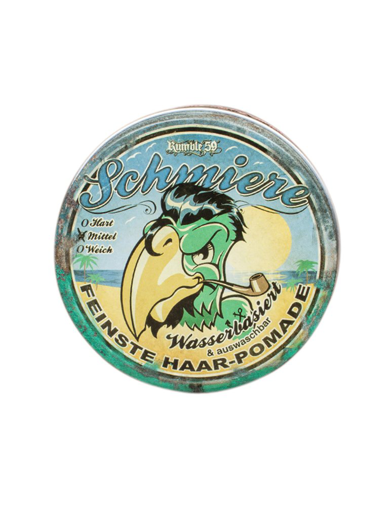 Schmiere Medium Waterbased Pomade, purkki, jonka kannessa on vihreä mies ja piippu